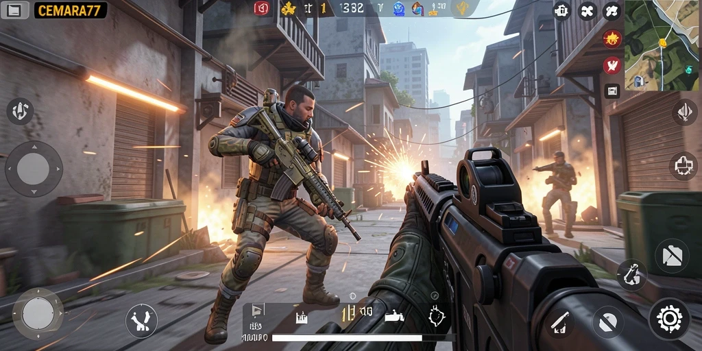 Screenshot CEMARA77 menunjukkan aksi seru dalam gameplay FPS.