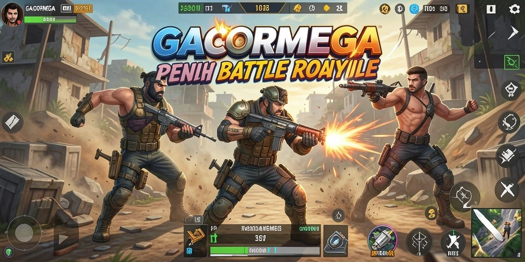 Screenshot gameplay GACORMEGA menampilkan aksi seru di medan perang Battle Royale.