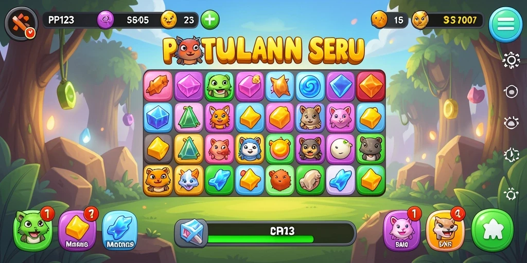 Screenshot gameplay PP123 menampilkan aksi mencocokkan tiga benda untuk menang.