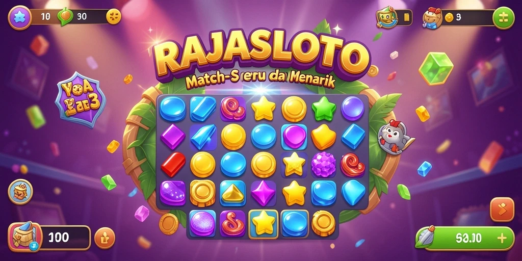 Tampilan gameplay seru RAJASLOTO dengan berbagai kombinasi simbol Match-3.