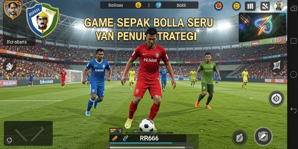 Screenshot gameplay RR666 menunjukkan aksi seru di lapangan sepak bola.