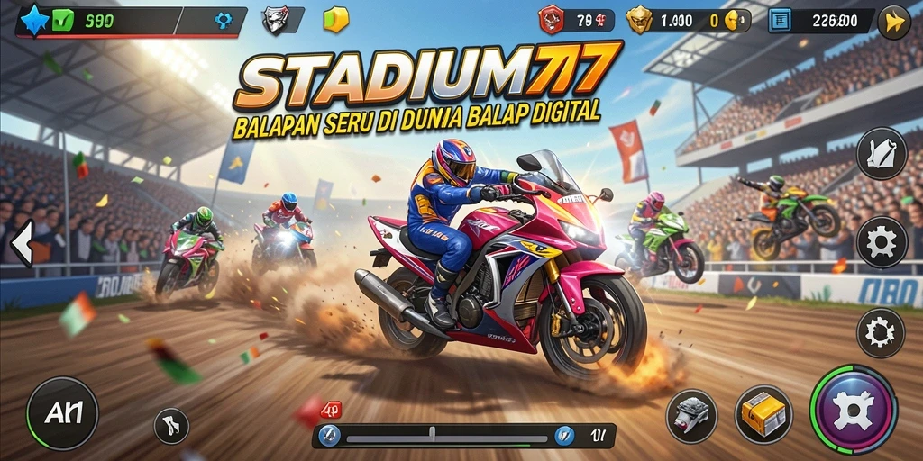 Gameplay STADIUM77 menampilkan balapan seru dengan mobil cepat.